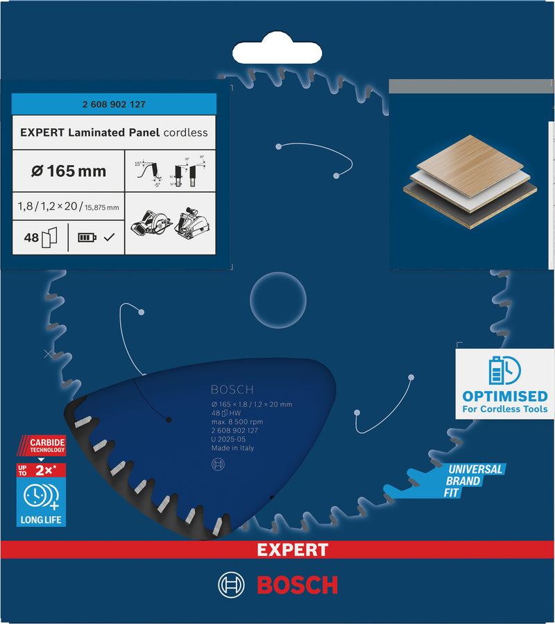 Discos para serras circulares. Bosch Accessories (Lâmina de serra sem fios circular EXPERT Laminated Panel cordless, 165 x 1,8/1,2 x 20 mm, T48)