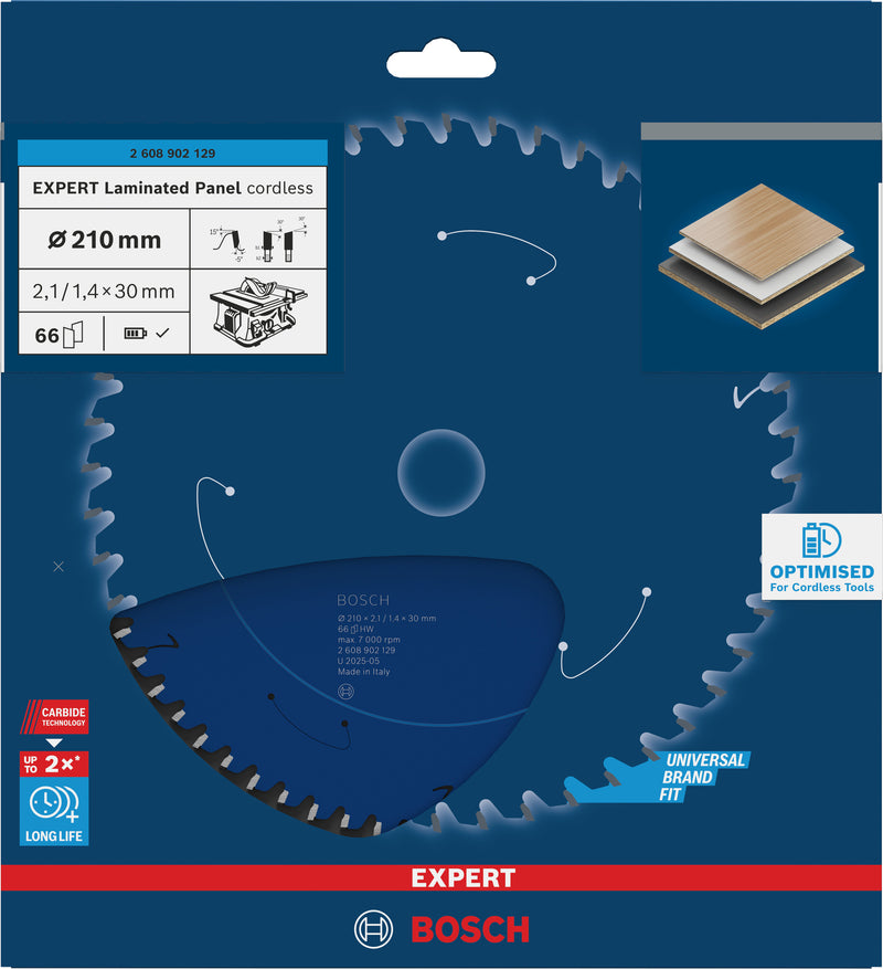 Discos para serras circulares. Bosch Accessories (Lâmina de serra sem fios circular EXPERT Laminated Panel cordless, 210 x 2,1/1,4 x 30 mm, T66)