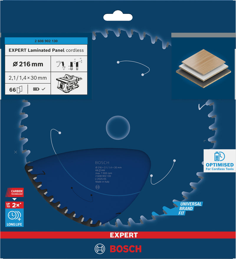 Circular saw blades. Bosch Accessories (EXPERT Laminated Panel cordless circular saw blade, 216 x 2.1/1.4 x 30 mm, T66)