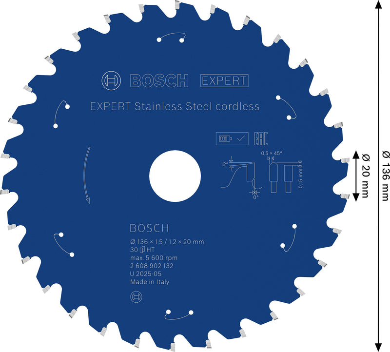 Discos para serras circulares. Bosch Accessories (Lâmina de serra sem fios circular EXPERT Stainless Steel cordless, 136 x 1,5/1,2 x 20 mm, T30)