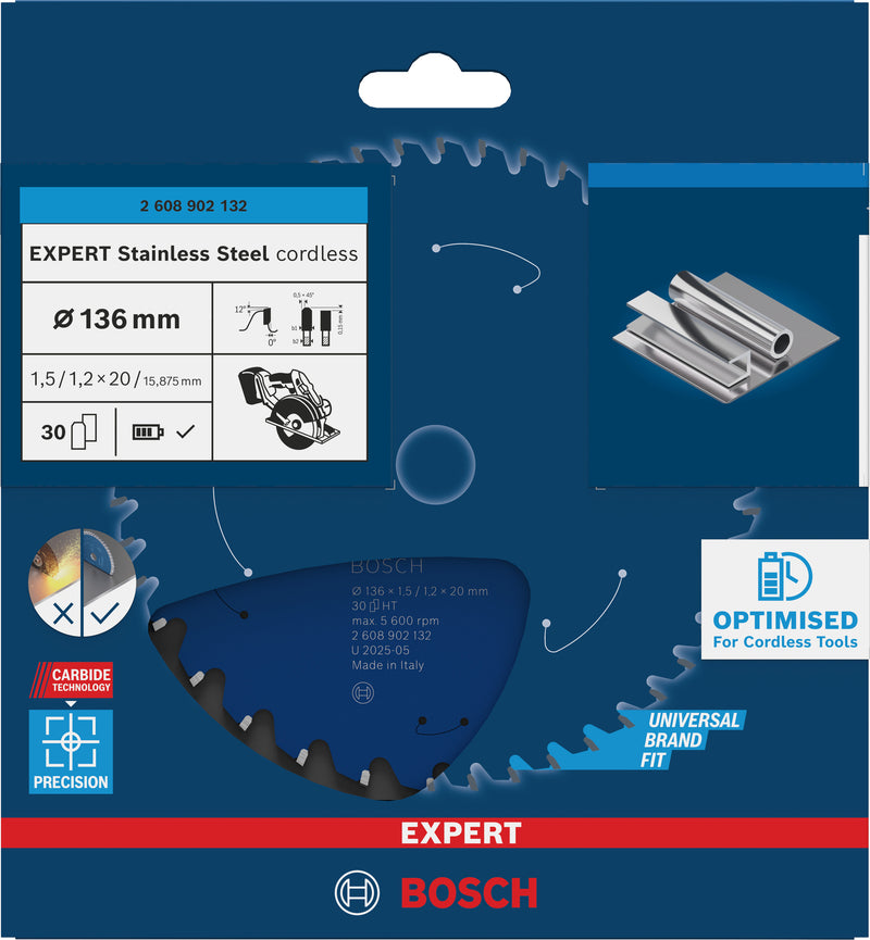 Discos para serras circulares. Bosch Accessories (Lâmina de serra sem fios circular EXPERT Stainless Steel cordless, 136 x 1,5/1,2 x 20 mm, T30)