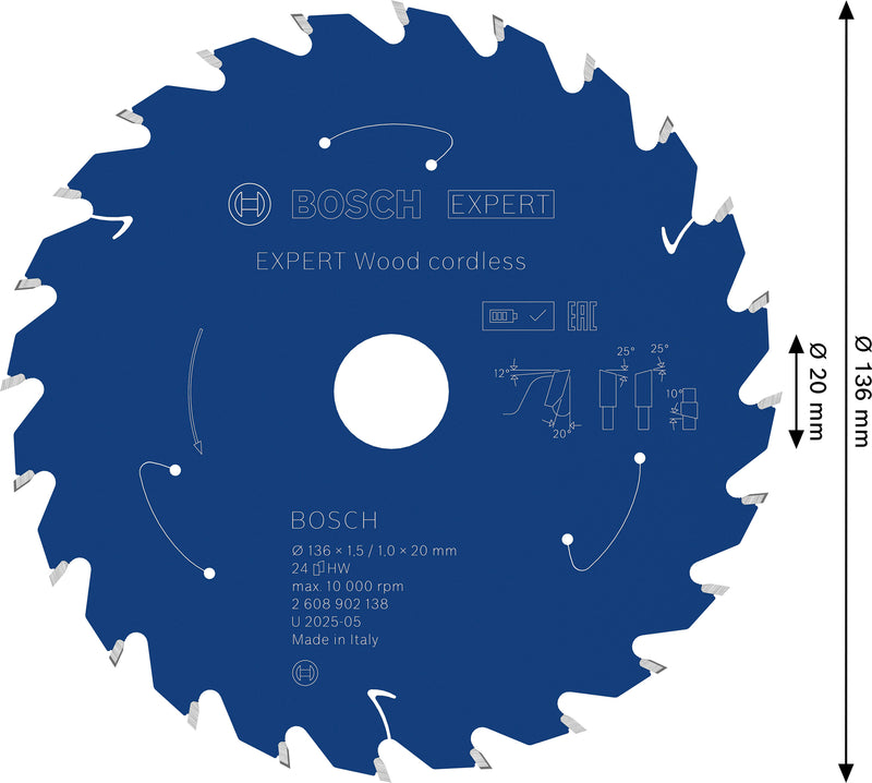 Hojas de sierra circular. Accesorios Bosch (hoja de sierra circular a batería EXPERT Wood, 136 x 1,5/1 x 20 mm, T24)