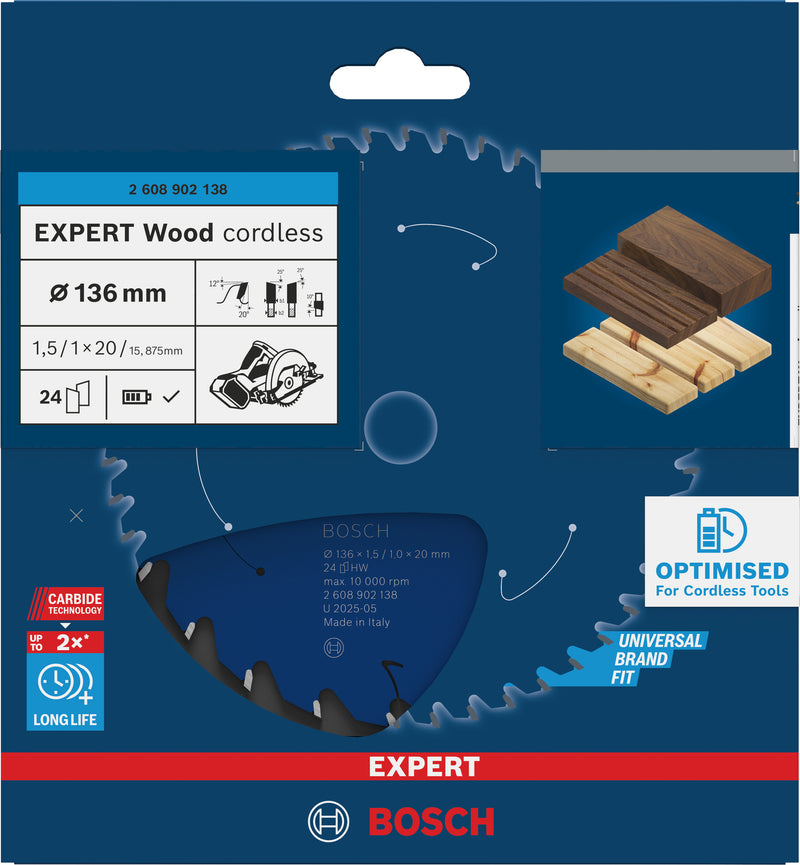 Hojas de sierra circular. Accesorios Bosch (hoja de sierra circular a batería EXPERT Wood, 136 x 1,5/1 x 20 mm, T24)