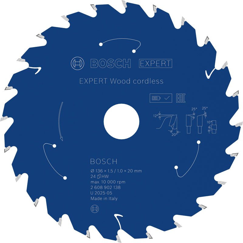 Hojas de sierra circular. Accesorios Bosch (hoja de sierra circular a batería EXPERT Wood, 136 x 1,5/1 x 20 mm, T24)