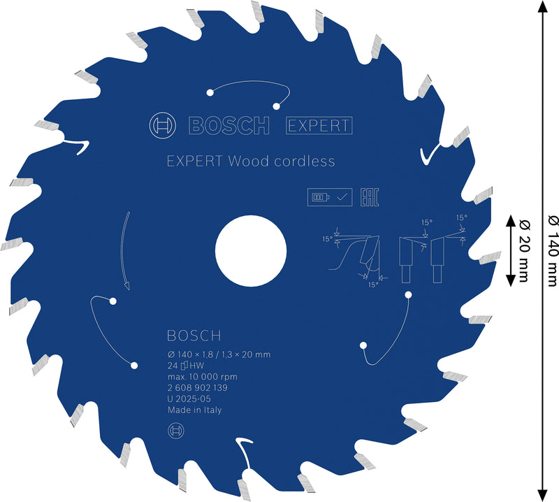 Circular saw blades. Bosch Accessories (EXPERT Wood cordless circular saw blade, 140 x 1.8/1.3 x 20 mm, T24)
