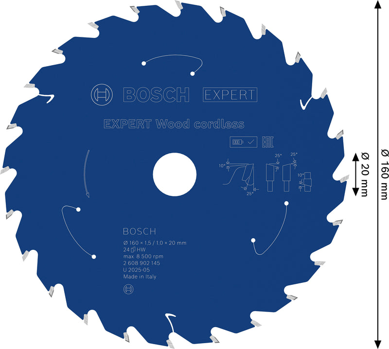 Hojas de sierra circular. Accesorios Bosch (hoja de sierra circular inalámbrica EXPERT Wood, 160 x 1,5/1 x 20 mm, T24)