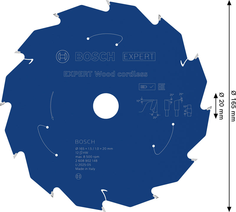 Hojas de sierra circular. Accesorios Bosch (hoja de sierra circular inalámbrica EXPERT Wood, 165 x 1,5/1 x 20 mm, T12)