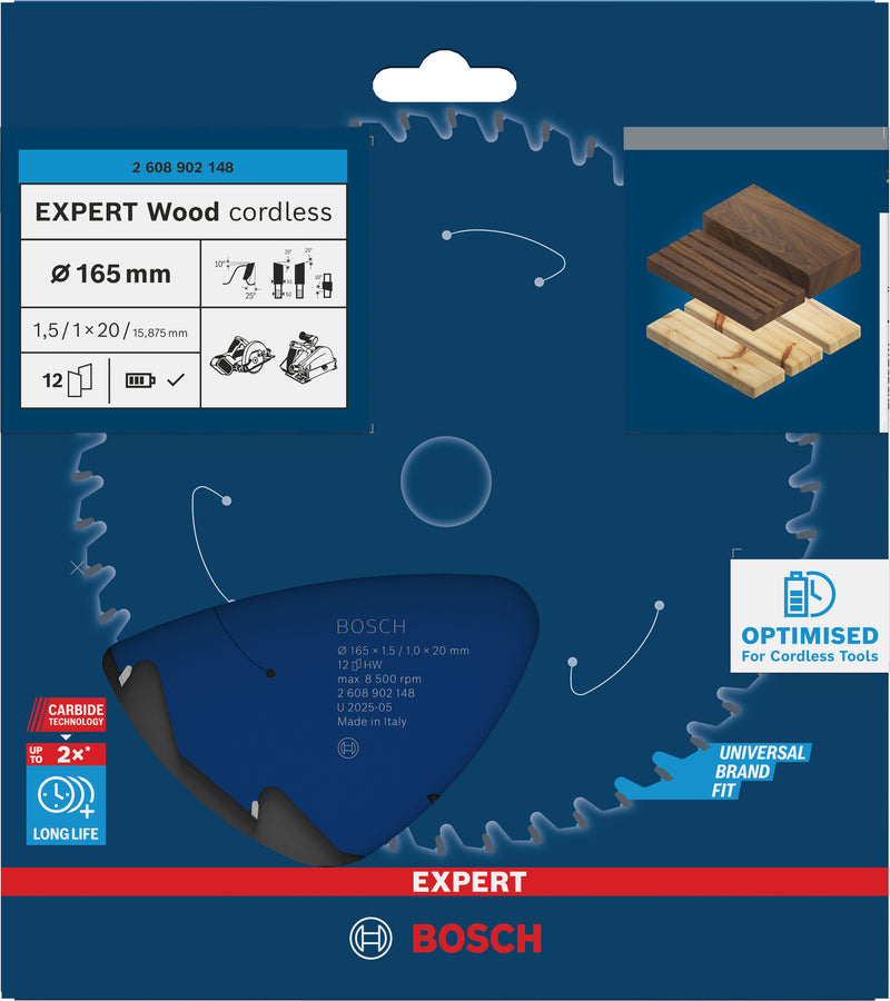 Hojas de sierra circular. Accesorios Bosch (hoja de sierra circular inalámbrica EXPERT Wood, 165 x 1,5/1 x 20 mm, T12)