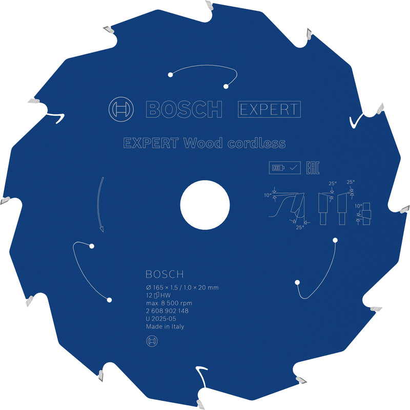 Hojas de sierra circular. Accesorios Bosch (hoja de sierra circular inalámbrica EXPERT Wood, 165 x 1,5/1 x 20 mm, T12)
