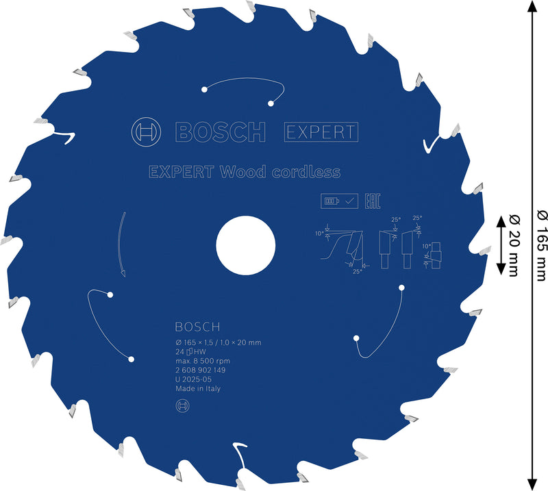 Discos para serras circulares. Bosch Accessories (Lâmina de serra sem fios circular EXPERT Wood cordless, 165 x 1,5/1 x 20 mm, T24)