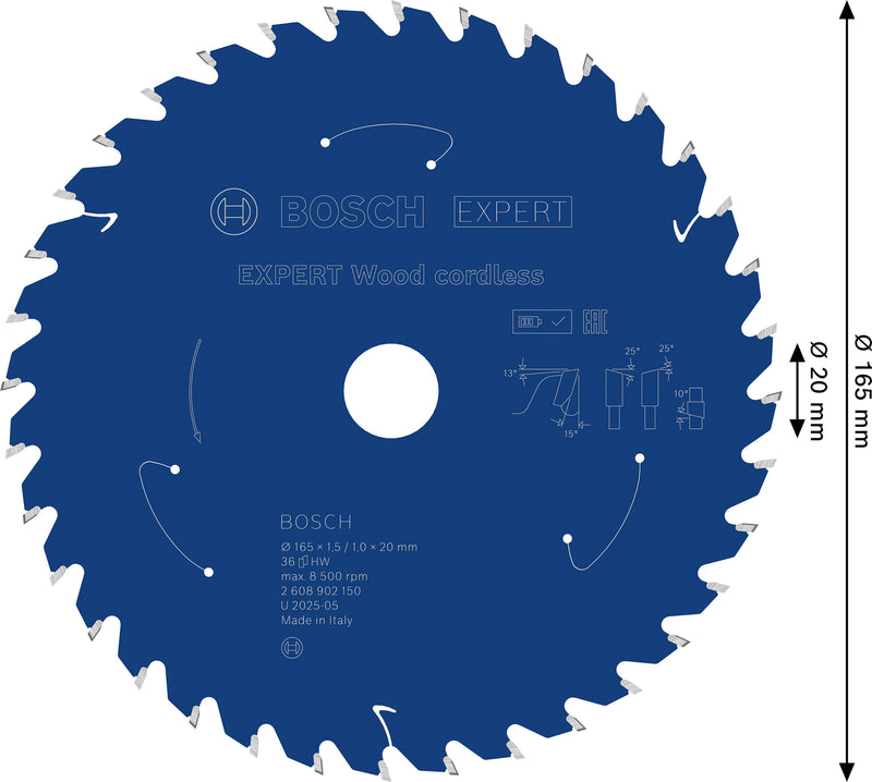 Hojas de sierra circular. Accesorios Bosch (hoja de sierra circular inalámbrica EXPERT Wood, 165 x 1,5/1 x 20 mm, T36)