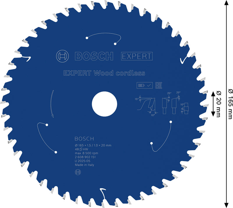 Discos para serras circulares. Bosch Accessories (Lâmina de serra sem fios circular EXPERT Wood cordless, 165 x 1,5/1 x 20 mm, T48)
