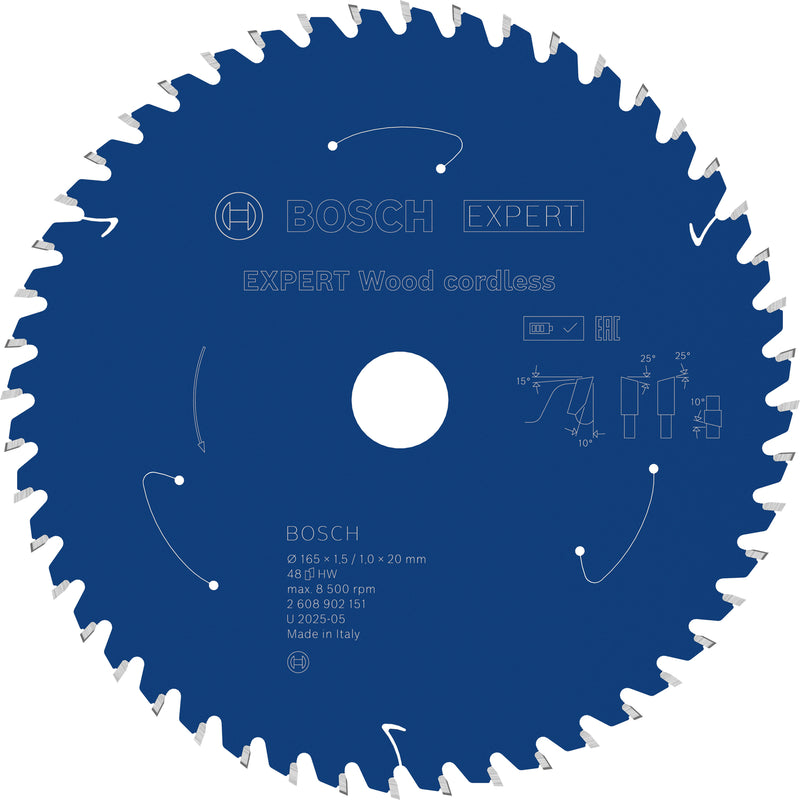 Discos para serras circulares. Bosch Accessories (Lâmina de serra sem fios circular EXPERT Wood cordless, 165 x 1,5/1 x 20 mm, T48)