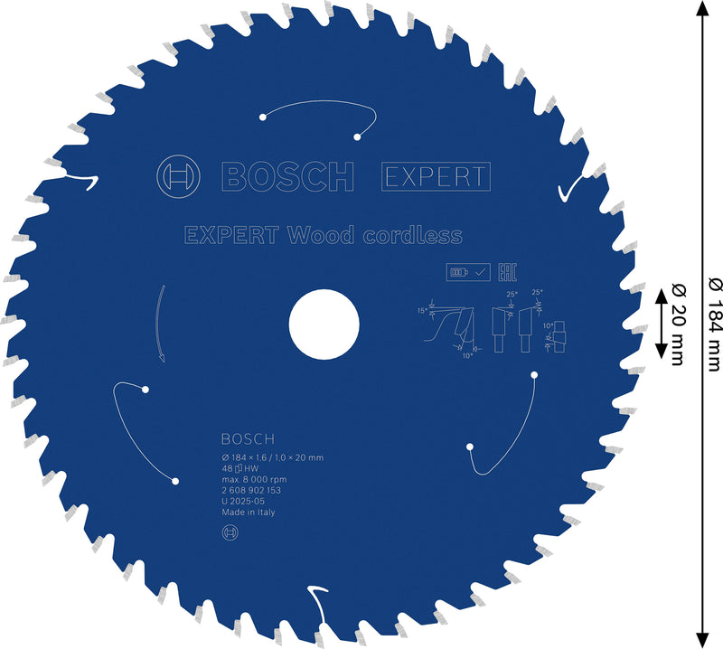 Circular saw blades. Bosch Accessories (EXPERT Wood cordless circular saw blade, 184 x 1.6/1 x 20 mm, T48)