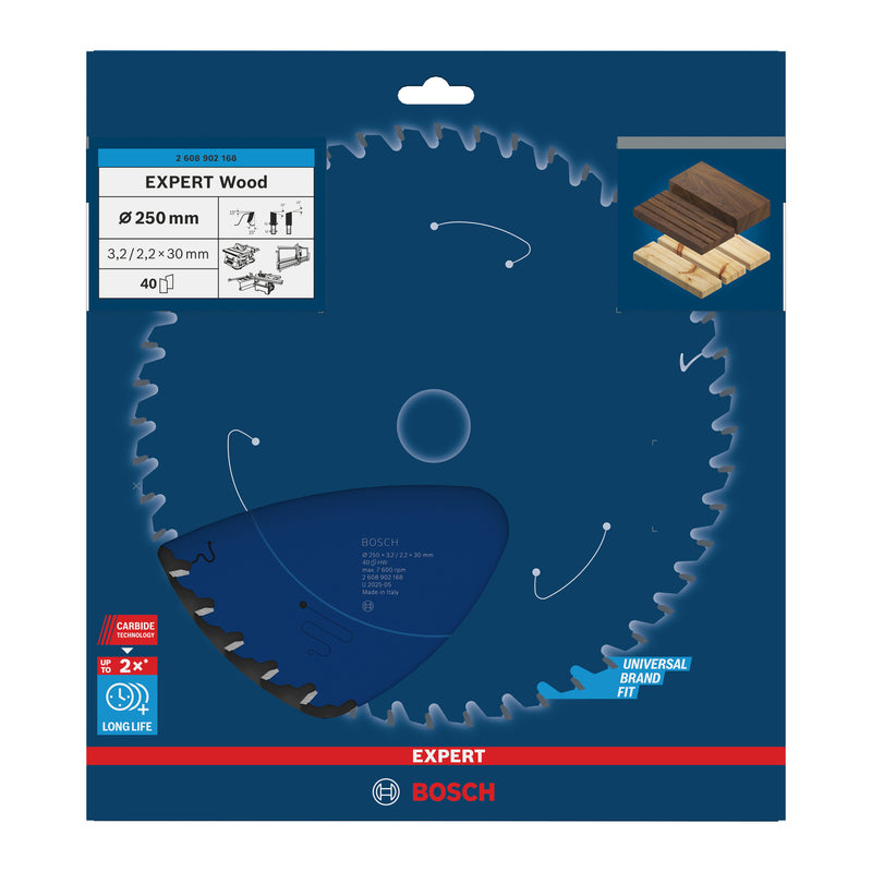 Hojas de sierra circular. Accesorios Bosch (hoja de sierra circular EXPERT Wood, 250 x 3,2/2,2 x 30 mm, T40)