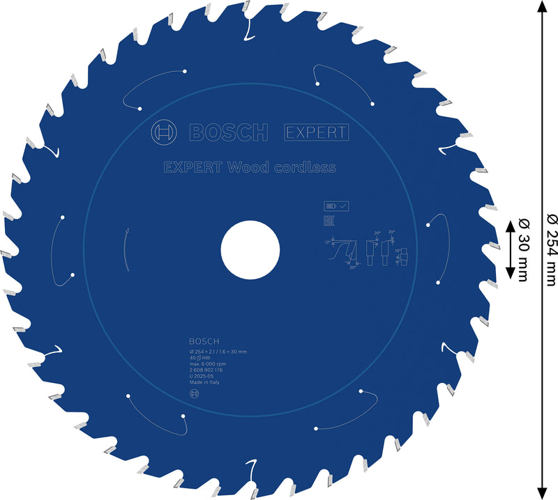 Hojas de sierra circular. Accesorios Bosch (hoja de sierra circular inalámbrica EXPERT Wood, 254 x 2,1/1,6 x 30 mm, T40)