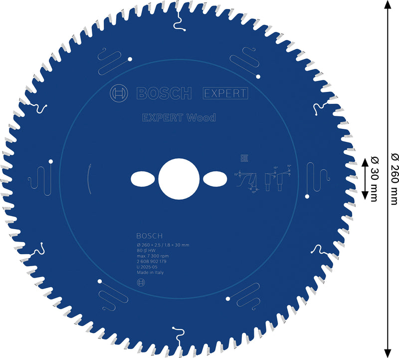 Discos para serras circulares. Bosch Accessories (Lâmina de serra circular EXPERT Wood, 260 x 2,5/1,8 x 30 mm, T80)
