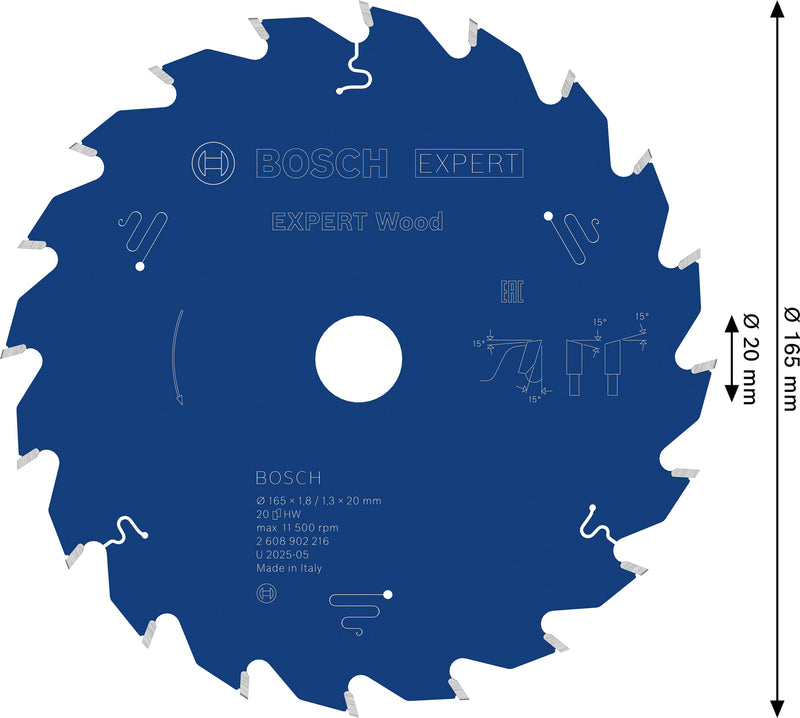 Circular saw blades. Bosch Accessories (EXPERT Wood circular saw blade, 165 x 1.8/1.3 x 20 mm, T20)