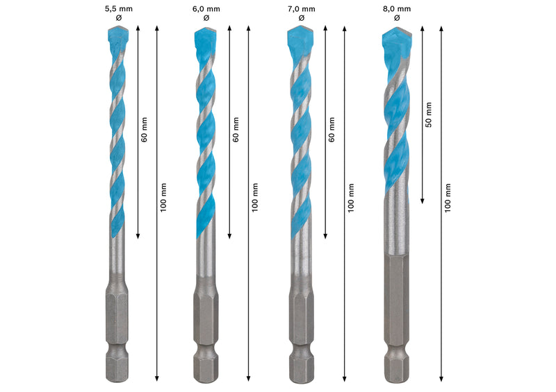 Drill bit, assorted Bosch Accessories (EXPERT HEX-9 Multi Construction drill bit set, 4 x 45 x 90; 5 x 50 x 100; 6 x 60 x 100; 6 x 60 x 100; 8 x 50 x 100 mm, 5 units)