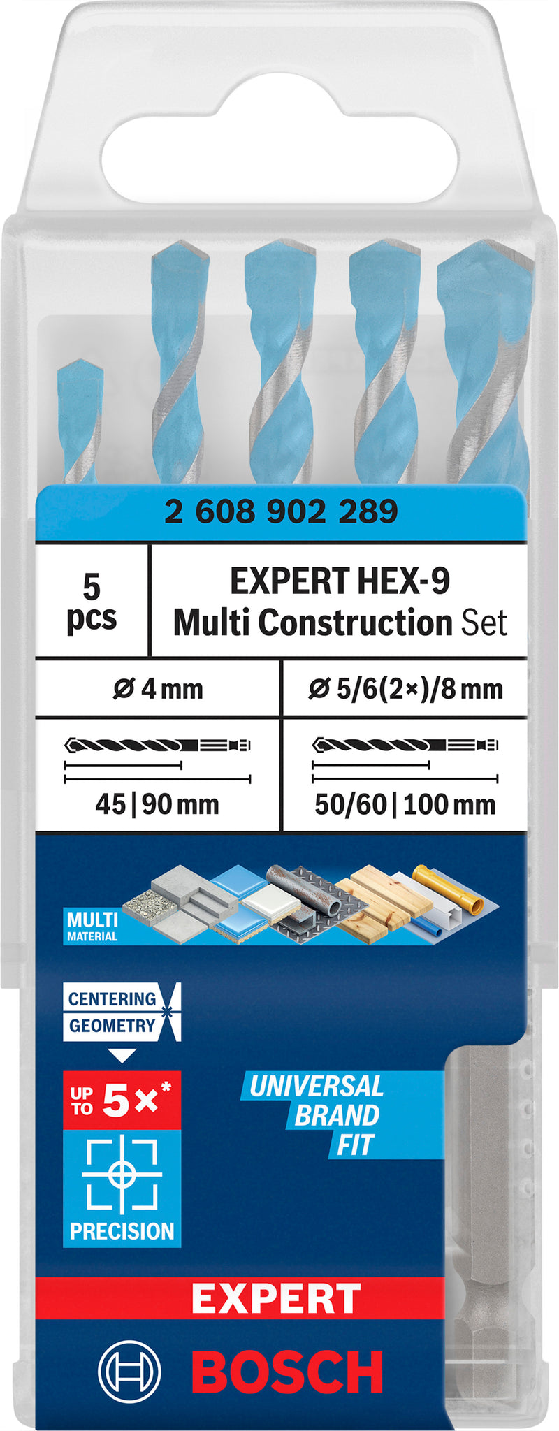 Drill bit, assorted Bosch Accessories (EXPERT HEX-9 Multi Construction drill bit set, 4 x 45 x 90; 5 x 50 x 100; 6 x 60 x 100; 6 x 60 x 100; 8 x 50 x 100 mm, 5 units)