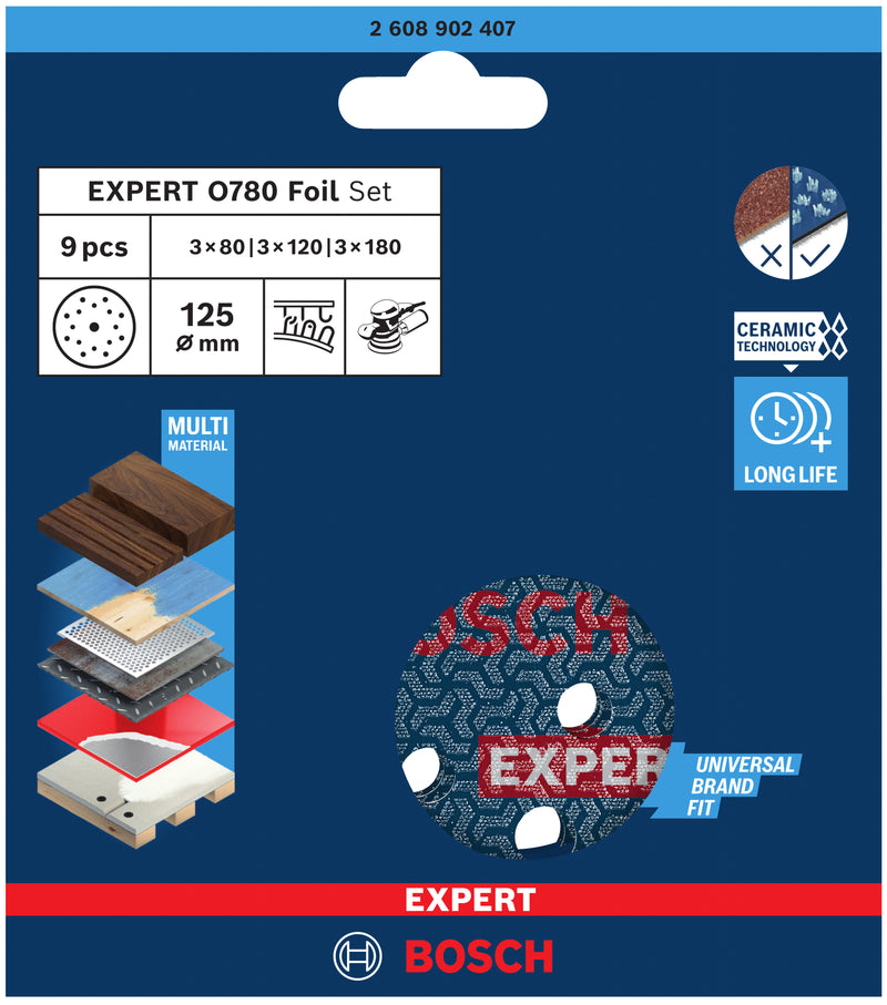 Bosch EXPERT O780,125mm,3x80/3x120/3x180,9