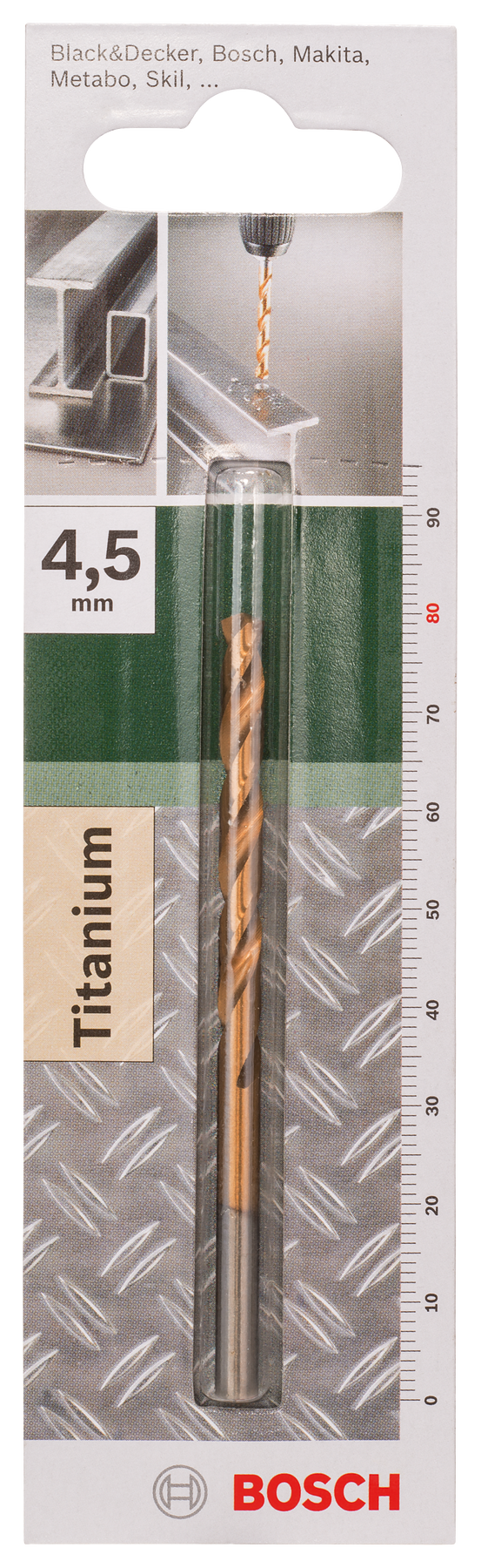 Bosch HSS-TiN metal drill bits, DIN 338D= 4.5 mm; L= 80 mm