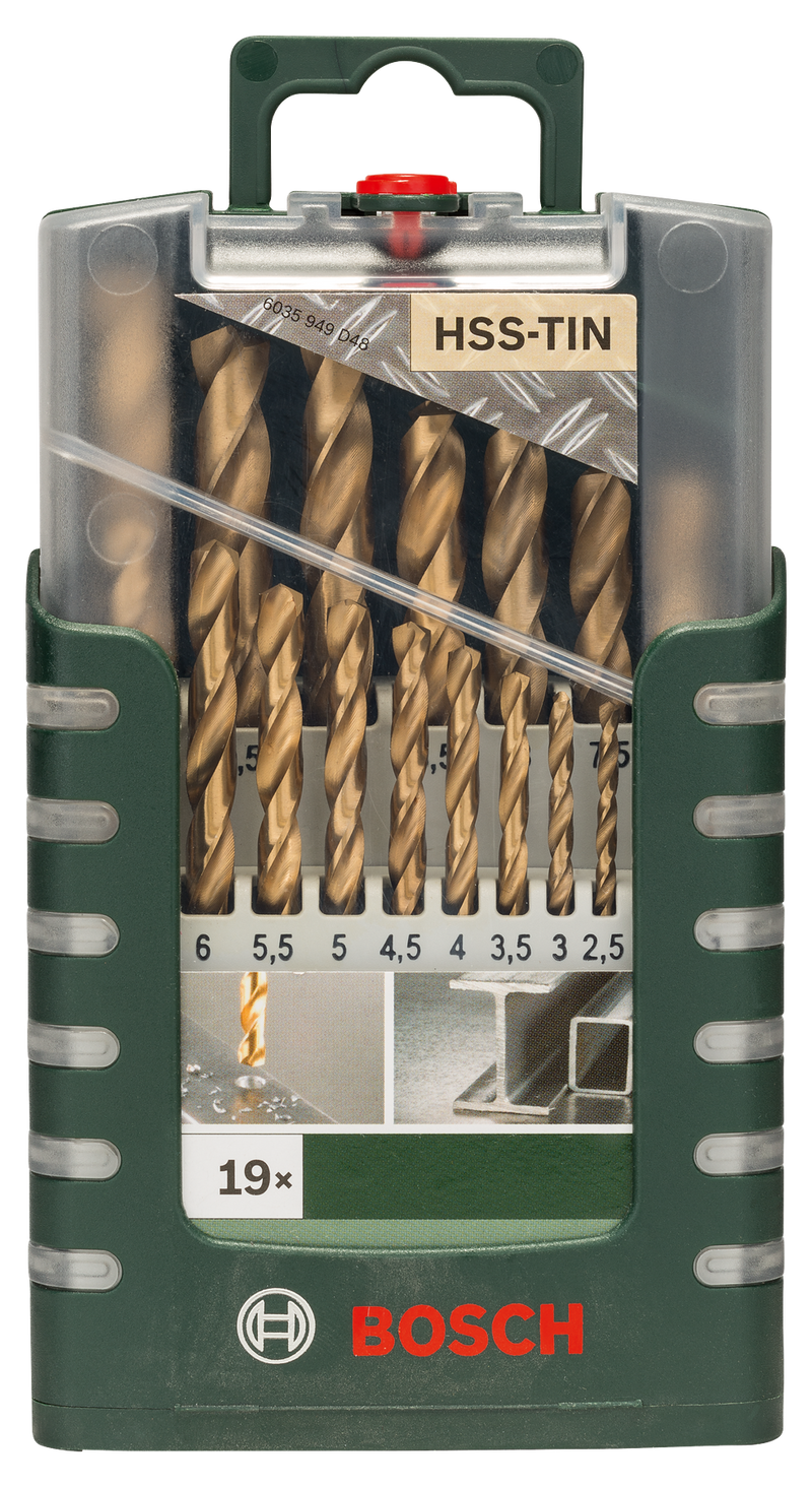 Bosch Set of 19 metal drill bits HSS-TiN, DIN 3381.0; 1.5; 2.0; 2.5; 3.0; 3.5; 4.0; 4.5; 5.0; 5.5; 6.0; 6.5; 7.0; 7.5; 8.0; 8.5; 9.0; 9.5; 10.0mm