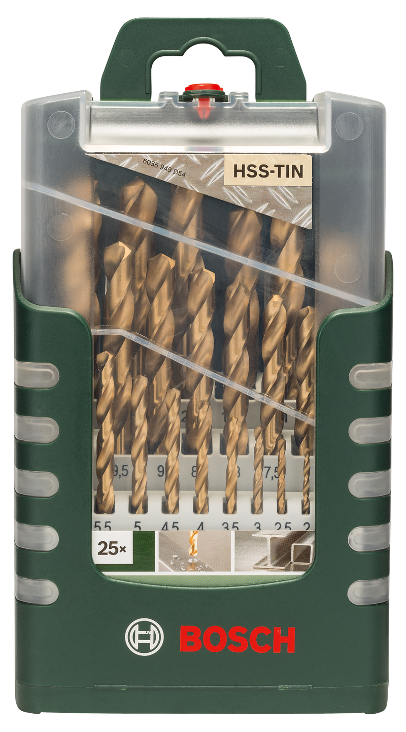 Bosch Set of 25 metal drill bits HSS-TiN, DIN 3381.0; 1.5; 2.0; 2.5; 3.0; 3.5; 4.0; 4.5; 5.0; 5.5; 6.0; 6.5; 7.0; 7.5; 8.0; 8.5; 9.0; 9.5; 10.0; 10.5; 11.0; 11.5; 12.0; 12.5; 13.0mm