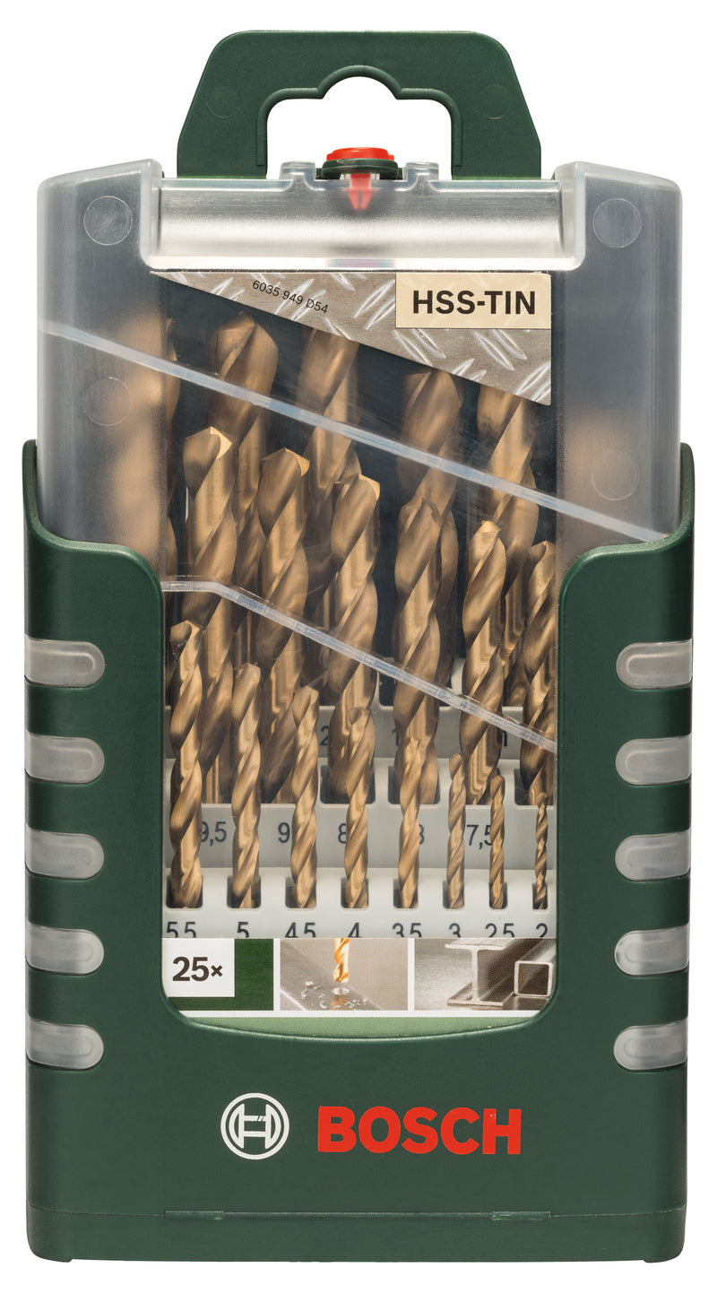 Bosch Set of 25 metal drill bits HSS-TiN, DIN 3381.0; 1.5; 2.0; 2.5; 3.0; 3.5; 4.0; 4.5; 5.0; 5.5; 6.0; 6.5; 7.0; 7.5; 8.0; 8.5; 9.0; 9.5; 10.0; 10.5; 11.0; 11.5; 12.0; 12.5; 13.0mm