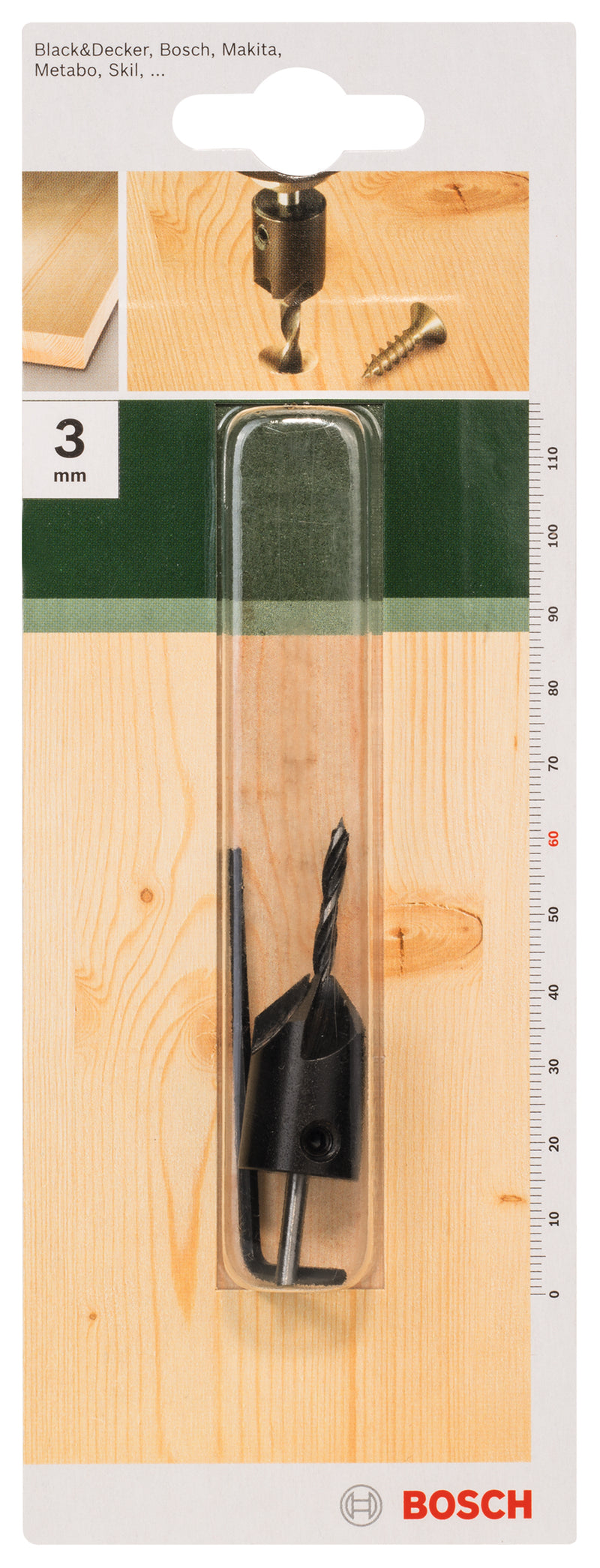 Brocas espirais para madeira Bosch com escareador D= 3,0 mm; L= 60 mm