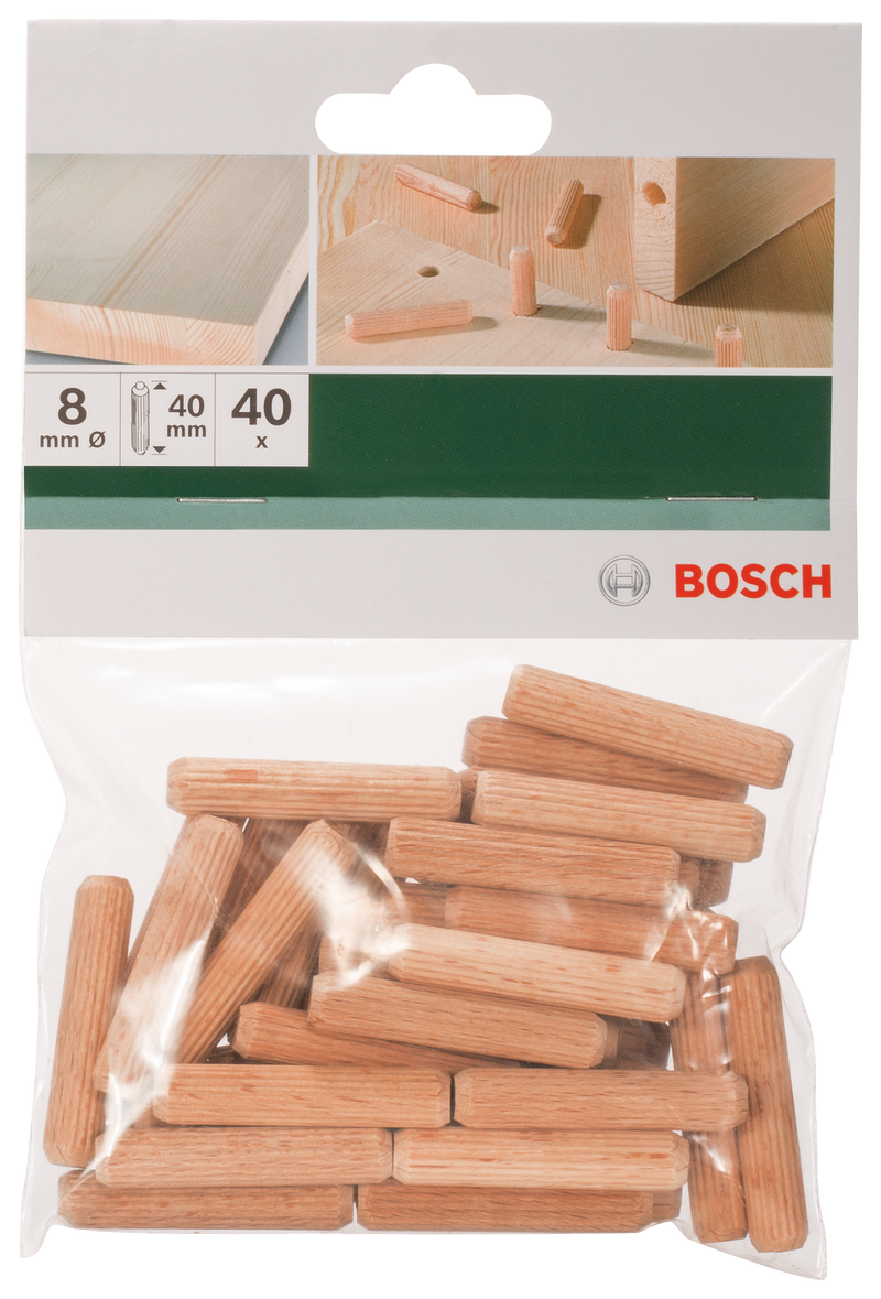 Bucha de madeira Bosch D= 8 mm; L= 40 mm; 40 unidades.