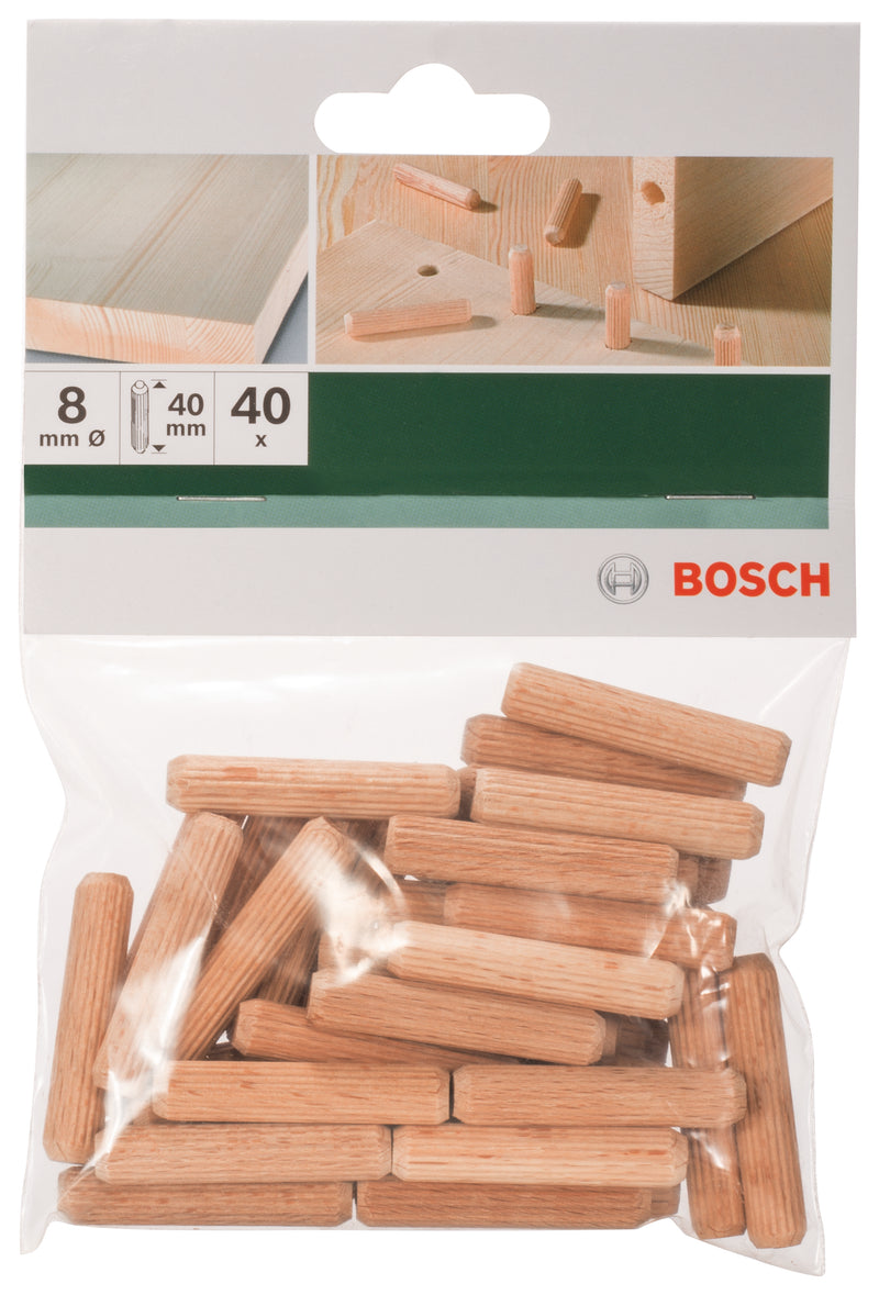 Bucha de madeira Bosch D= 8 mm; L= 40 mm; 40 unidades.
