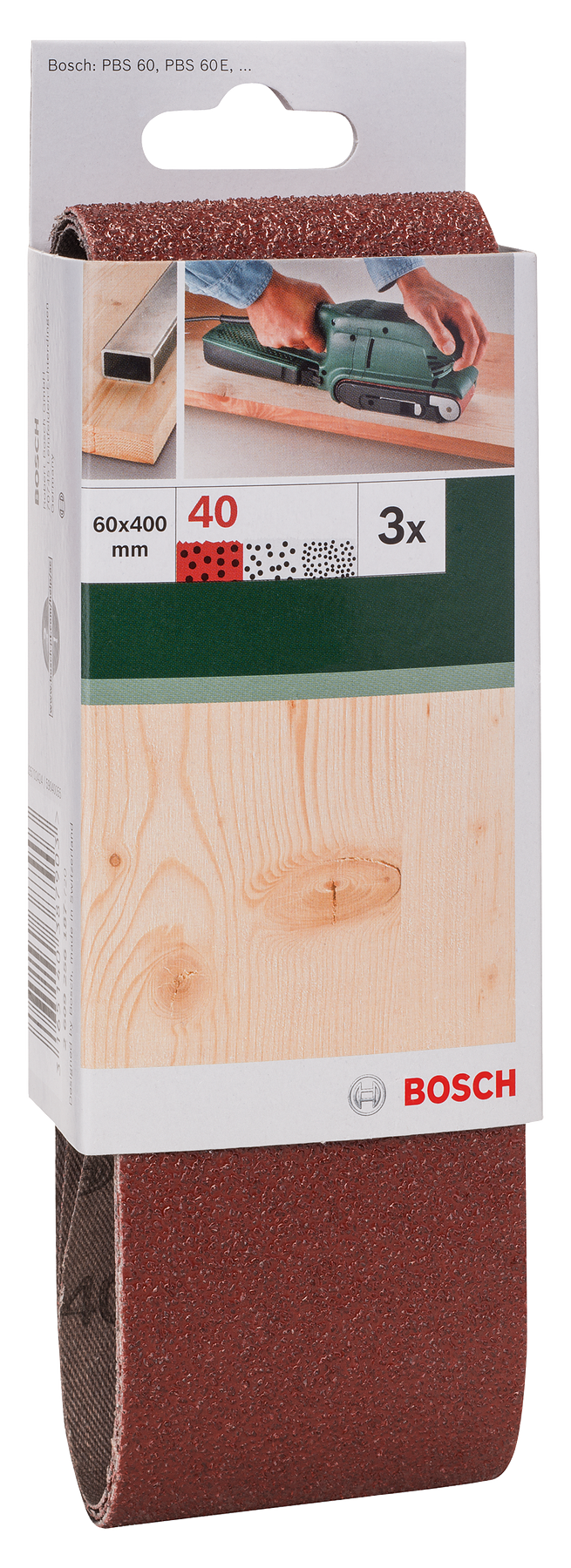 Bosch Juego de 3 bandas de lija para lijadora de banda, calidad roja G= 40