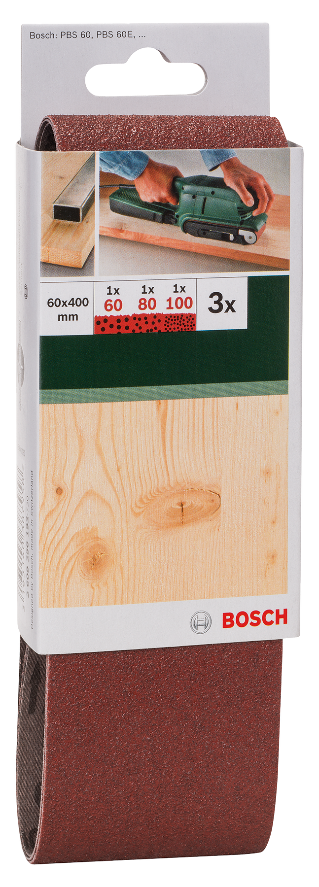 Bosch Juego de 3 bandas de lijado para lijadora de banda, calidad roja G= 60, 80, 100