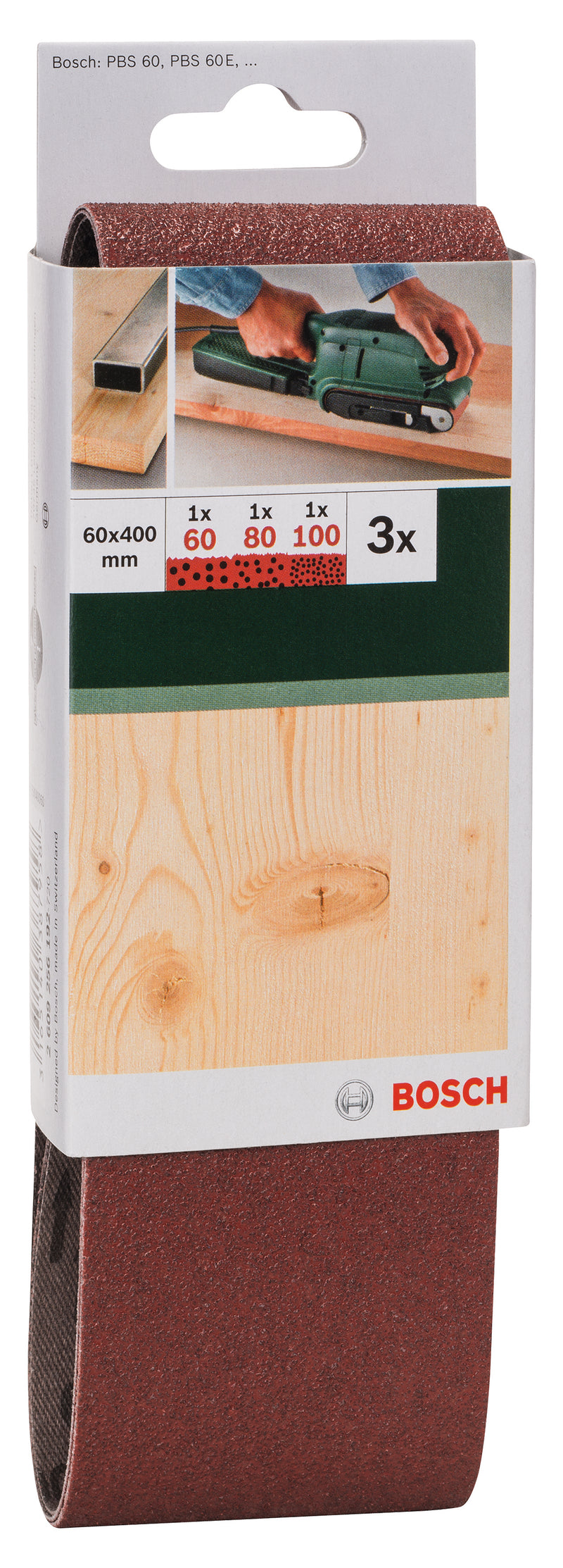 Bosch Juego de 3 bandas de lijado para lijadora de banda, calidad roja G= 60, 80, 100