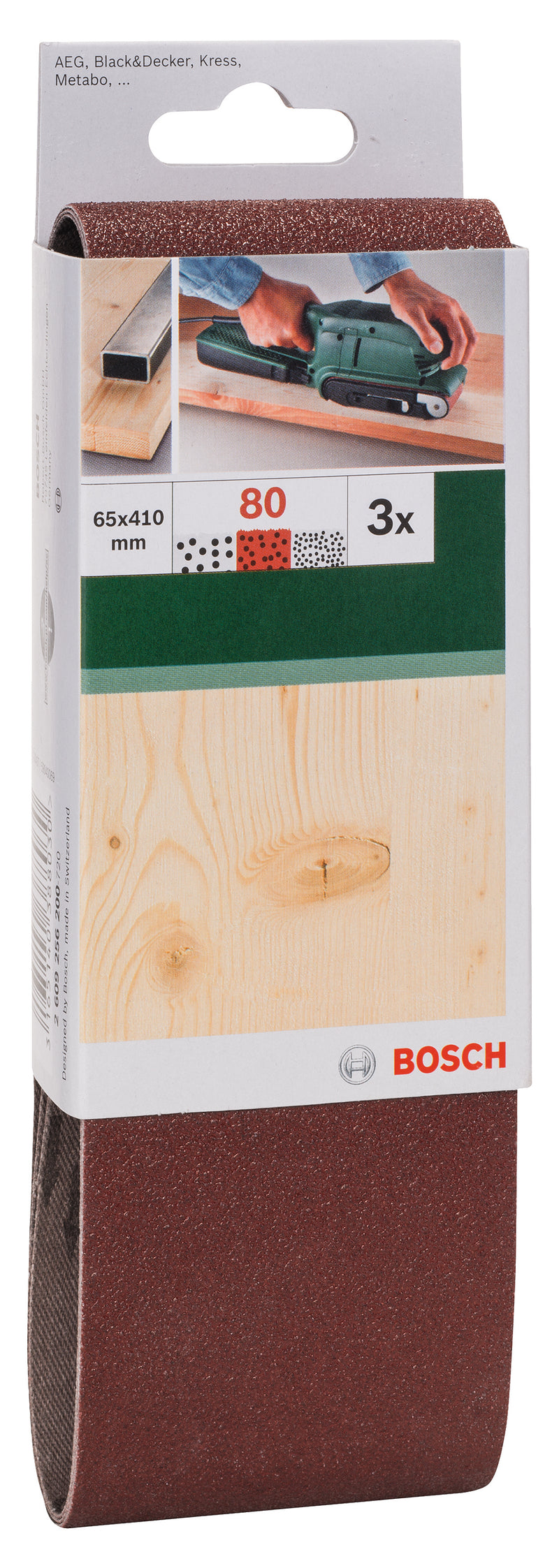 Bosch Juego de 3 bandas de lija para lijadora de banda, calidad roja G= 80
