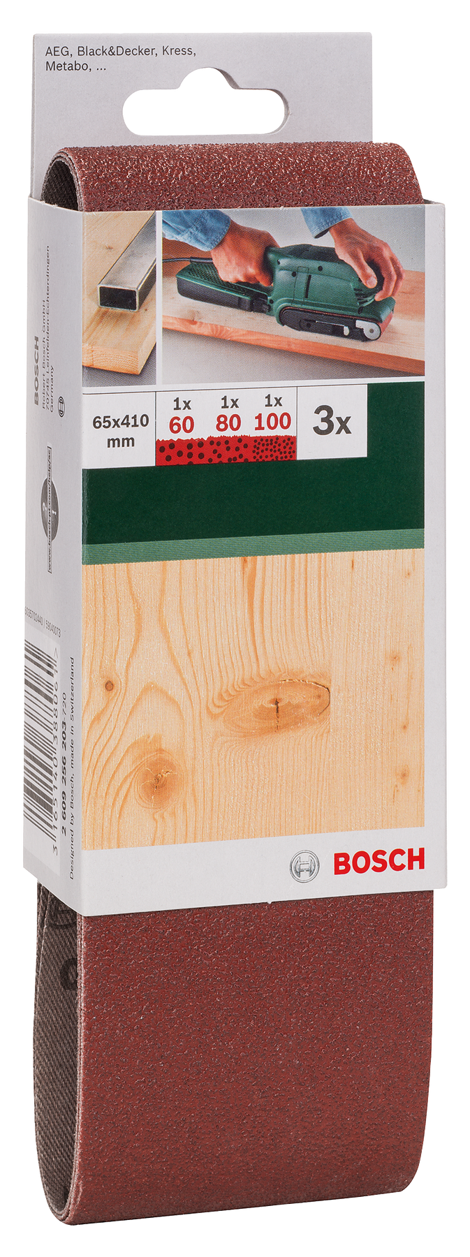 Bosch Juego de 3 bandas de lijado para lijadora de banda, calidad roja G= 60, 80, 100