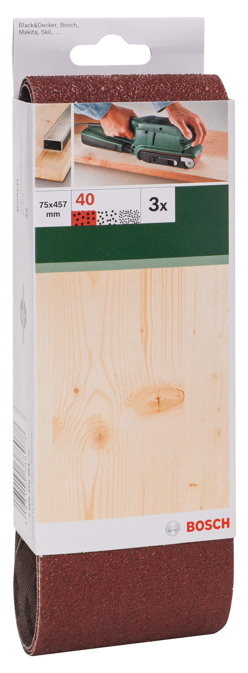 Bosch Juego de 3 bandas de lija para lijadora de banda, calidad roja G= 40