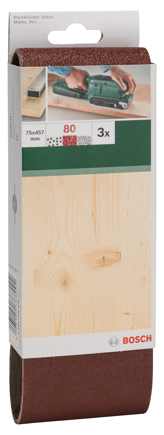 Bosch Juego de 3 bandas de lija para lijadora de banda, calidad roja G= 80
