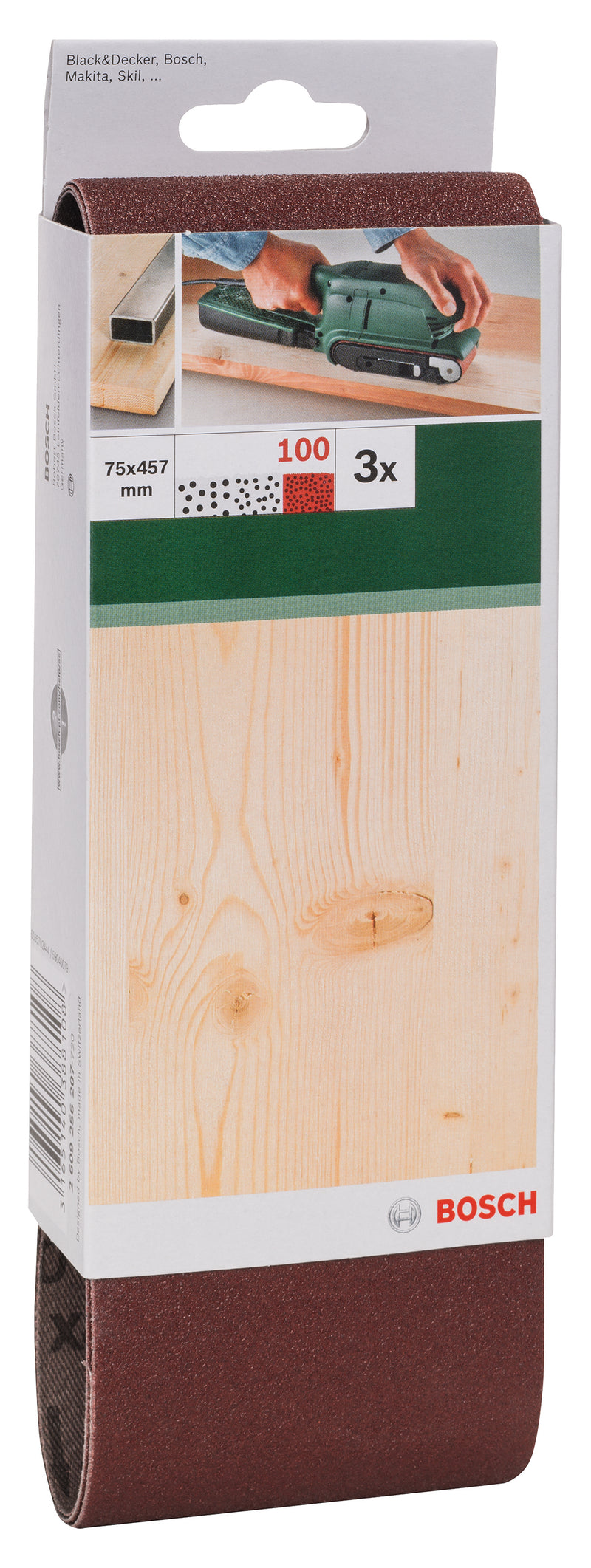 Bosch Juego de 3 bandas de lija para lijadora de banda, calidad roja G= 100