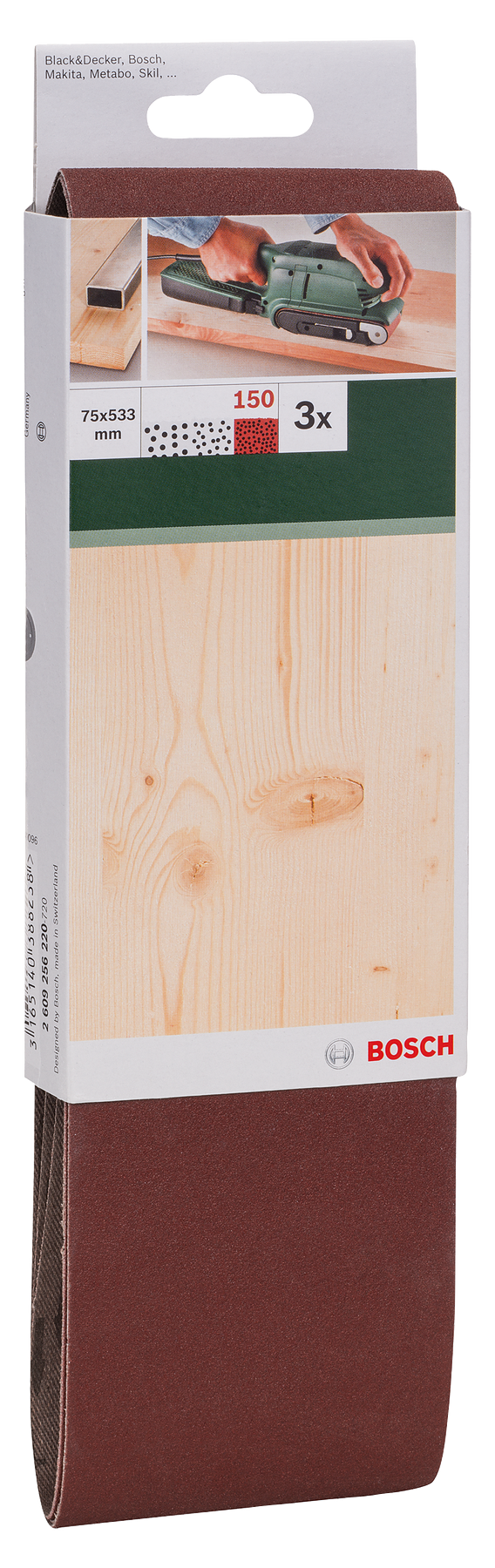 Bosch Set of 3 sanding belts for belt sander, red quality G= 150