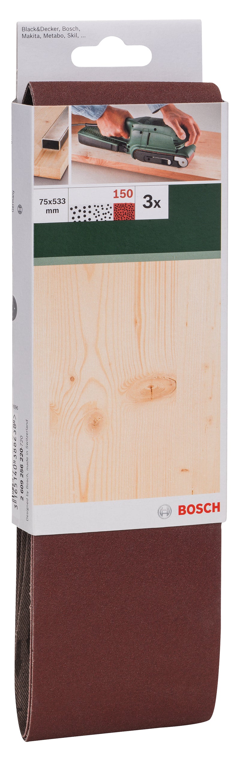 Bosch Set of 3 sanding belts for belt sander, red quality G= 150