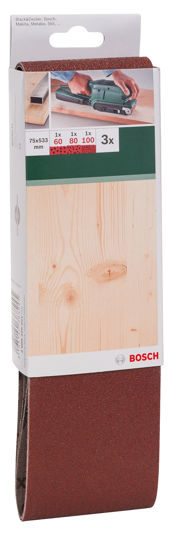 Bosch Juego de 3 bandas de lijado para lijadora de banda, calidad roja G= 60, 80, 100