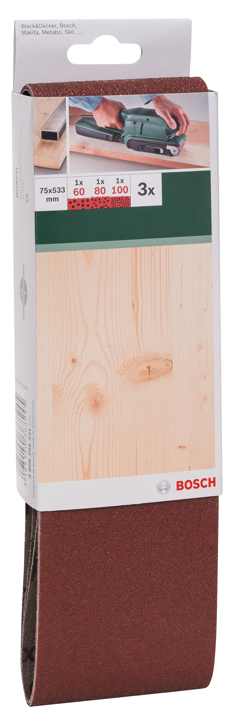 Bosch Juego de 3 bandas de lijado para lijadora de banda, calidad roja G= 60, 80, 100