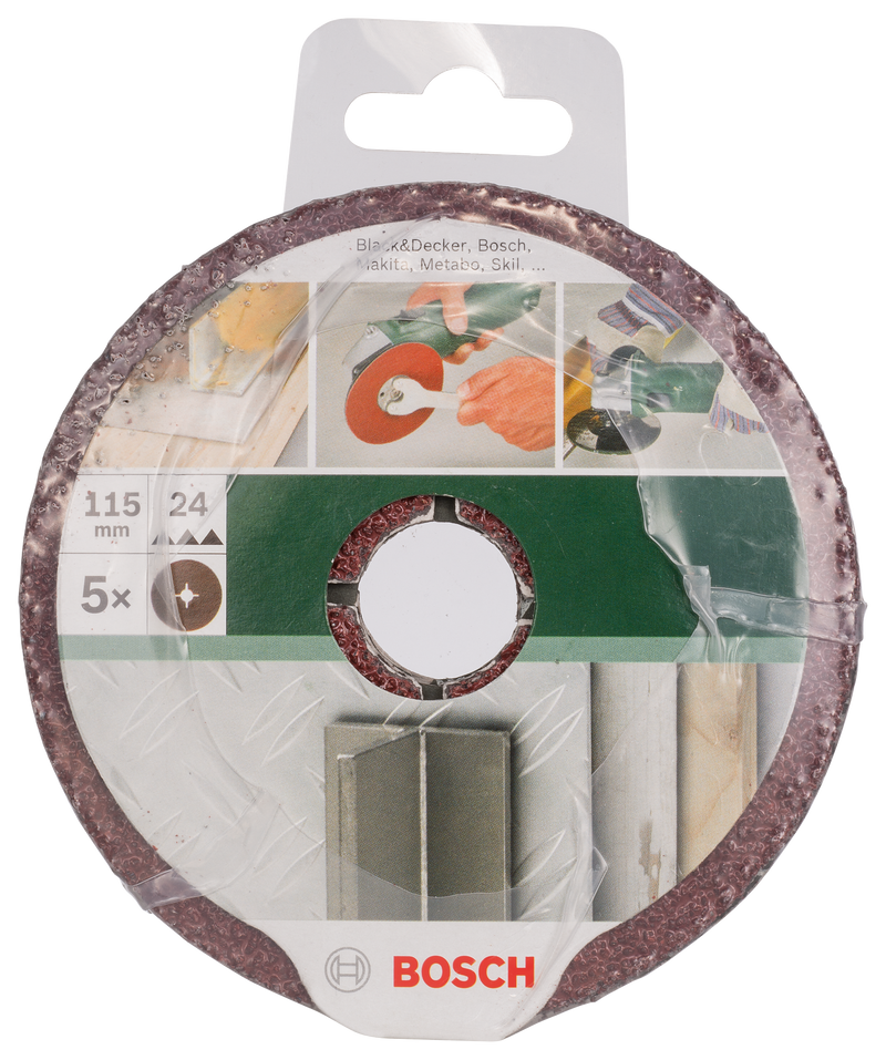 Conjunto Bosch de 5 discos de lixa de fibra para rebarbadora, coríndon D= 115 mm; K= 24; 5 unidades.
