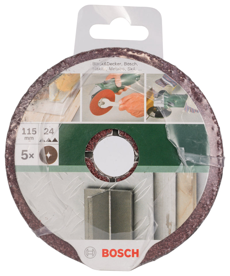 Conjunto Bosch de 5 discos de lixa de fibra para rebarbadora, coríndon D= 115 mm; K= 24; 5 unidades.