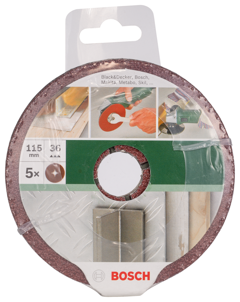 Conjunto Bosch de 5 discos de lixa de fibra para rebarbadora, coríndon D= 115 mm; K= 36; 5 unidades.