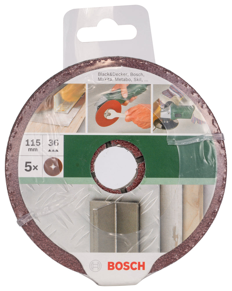 Conjunto Bosch de 5 discos de lixa de fibra para rebarbadora, coríndon D= 115 mm; K= 36; 5 unidades.