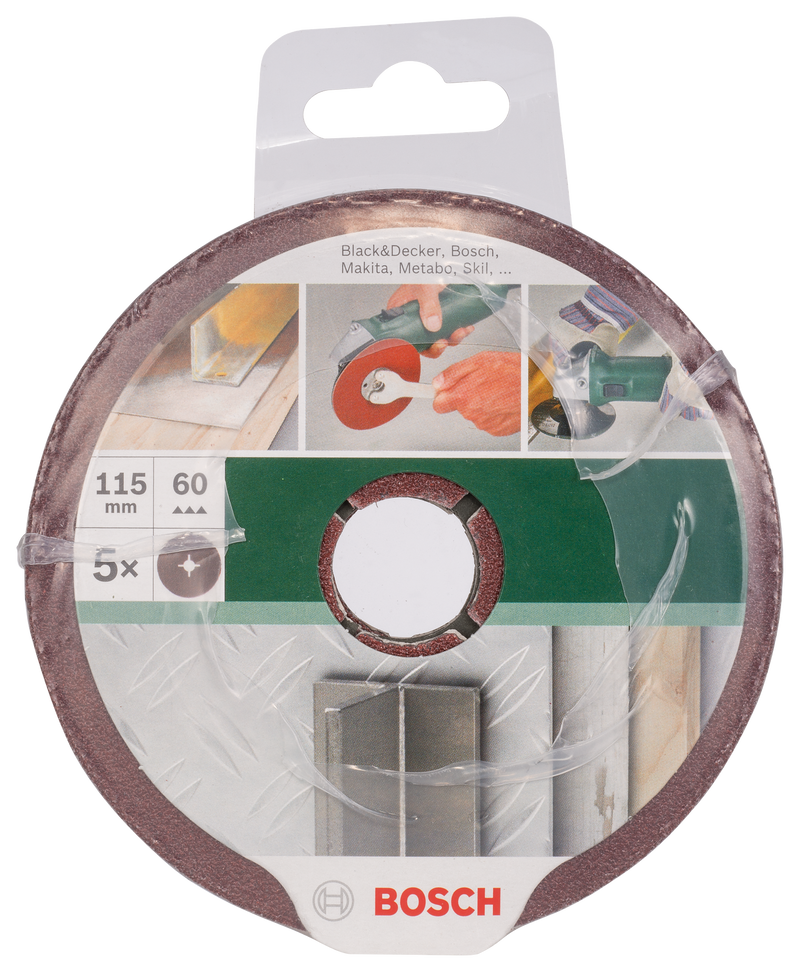 Bosch Set of 5 fiber sanding discs for angle grinder, corundum D = 115 mm; G = 60, 5 units.