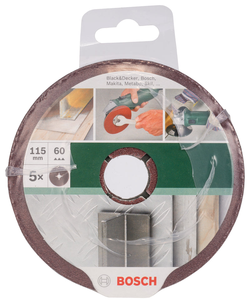 Bosch Set of 5 fiber sanding discs for angle grinder, corundum D = 115 mm; G = 60, 5 units.